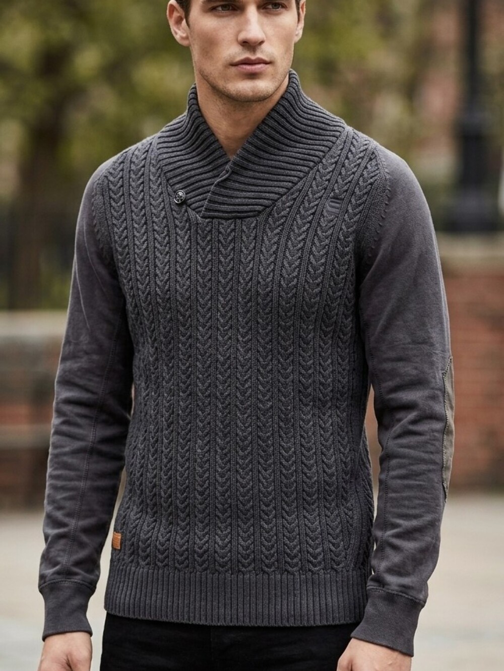 GSTAR RAW Men's Shawl Collar Cable Knit Sweater - Navy Blue